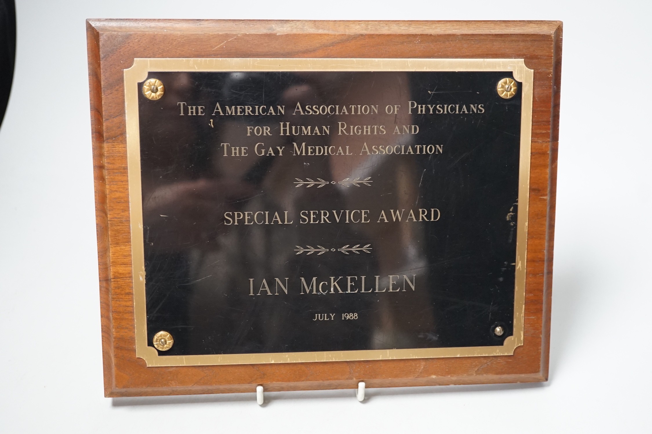 Ian McKellen, special service award from the American Association of Physicians for Human Rights and the Gay Medical Association, July 1988. 21 x 26cm